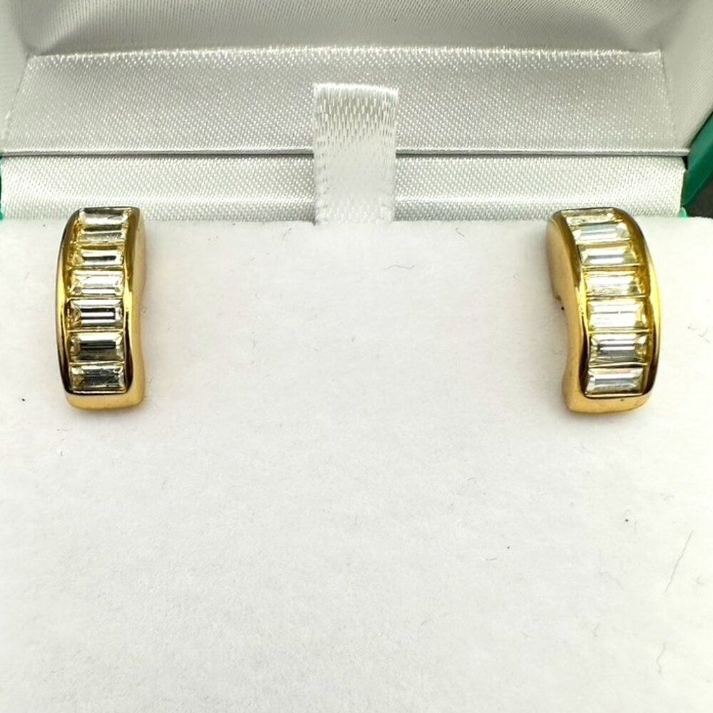 AUTHENTIC Vintage CHRISTIAN DIOR RHINESTONE BAGUETTE GOLD Half Hoop EARRINGS - Picture 2 of 6